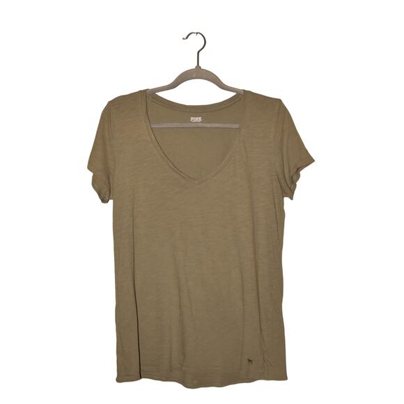 PINK VICTORIA'S SECRET $30 Olive Green Slub Knit V-Neck Short Sleeve Tee Medium - Picture 1 of 3